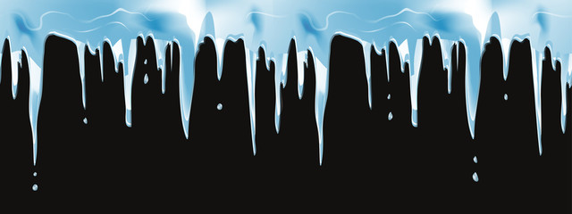 Icicles realistic Winter seamless vector border for christmas design. Natural dripping icicles hanging down from a roof on a black background - obrazy, fototapety, plakaty