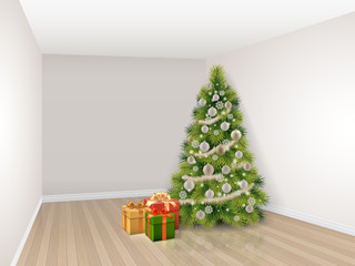 Empty room with decorated christmas tree and colorful gift boxes.