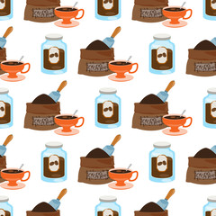 Seamless pattern with illustrations on the theme of coffee. Jar of coffee and a bag of coffee beans.