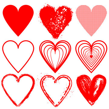 Set of red vector hearts shape cartoon icons.