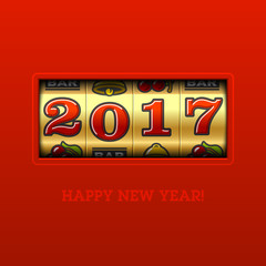 Fototapeta premium Happy New Year 2017 greeting card with slot machine and lucky 2017 figures, casino theme.