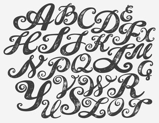 Calligraphy alphabet typeset lettering. Hand drawn alphabet. Capital and lower-case letters. Copy-book hand font. Hand drawn sketch of ABC letters in old fashion vintage style. Calligraphy letters set