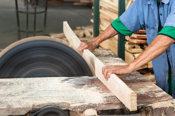 Carpenter cutting a wooden plank