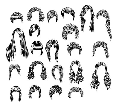 Hand Drawn Set Of Different Women S Hair Styles.