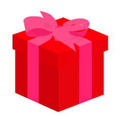 Gift box. Present for christmas or birthday. Red box and pink ribbon. Vector illustration