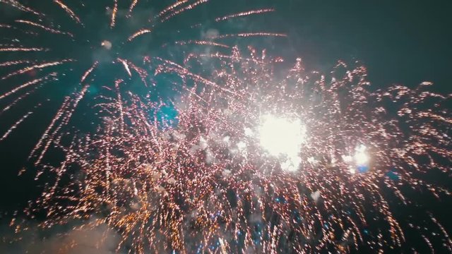 Fireworks Flashing in the Night Sky. Slow Motion