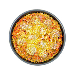 Casserole with meatballs and rice in frying pan