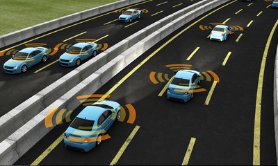 Autonomous cars on a road with visible connection