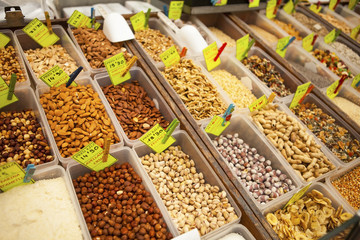 Variety nuts in a baskets for sale. Figueres, Catalonia, Spain.