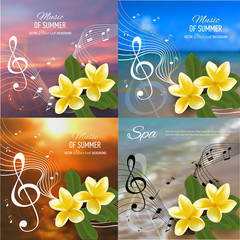 Summer music party template with realistic frangipani, notes and key. Vector illustration.