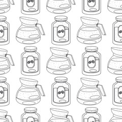 Seamless pattern with outline drawings on the theme of coffee. Jar of coffee and a teapot.