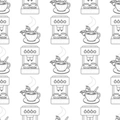 Seamless pattern with outline drawings on the theme of coffee. A cup of hot coffee or tea and coffee maker.