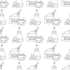 Seamless pattern with outline drawings on the theme of coffee. Sack of coffee beans cup and cane sugar.