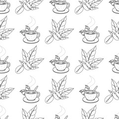 Seamless pattern with outline drawings on the theme of coffee. Coffee beans and coffee in the cup.