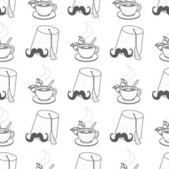 Seamless pattern with outline drawings on a coffee theme. Turkish coffee pot, cup of coffee and fez.