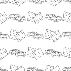 Seamless pattern with outline drawings crackers and donuts.