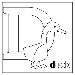 Coloring page or card for kids with English animals zoo alphabet. Duck, letter D vector illustration