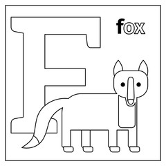 Coloring page or card for kids with English animals zoo alphabet. Fox, letter F vector illustration