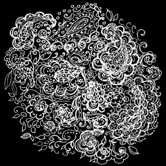 Floral doodle tattoo design. Illustration with paisley ornaments. Hand-drawn flowers.