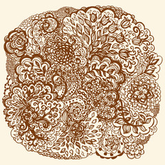 Floral doodle tattoo design. Illustration with paisley ornaments. Hand-drawn flowers.