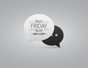Vector button black and white speech bubbles icon with gray shadow on white background with black friday