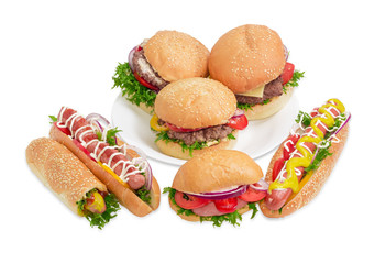 Several different hamburgers and hot dog on a light background
