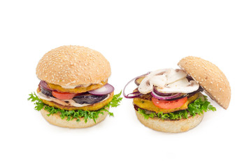 Two veggie burger with vegetables patties on a light background