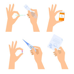 Hands are holding medical things: thermometer, pill, prescription, tablet, test-tube. Medicine and healthcare Flat concept illustration of doctor and patient hands with objects. Vector design element.