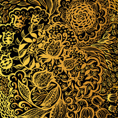 Floral doodle tattoo background. Illustration with paisley ornaments. Hand-drawn flowers. Universal backdrop for everything. Gold color.