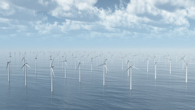 Ansammlung von Windkraftanlagen im Meer