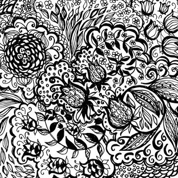 Floral doodle tattoo background. Illustration with paisley ornaments. Hand-drawn flowers. Universal backdrop for everything.