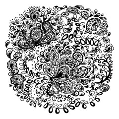Floral doodle tattoo design. Illustration with paisley ornaments. Hand-drawn flowers.