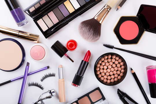 Fototapeta top view of makeup cosmetics set