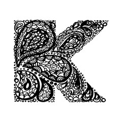 Letter K. Decorative Alphabet with a paisley zen doodle tattoo ornaments filling. Display font and numbers. Hand drawn letters in vintage style. Used for quote lettering.