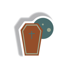 Vector illustration paper sticker Halloween icon coffin and moon