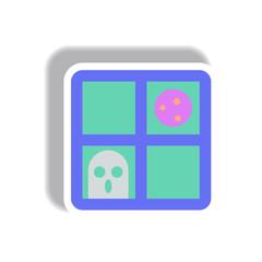 Vector illustration paper sticker Halloween icon ghost and full moon seen from a window