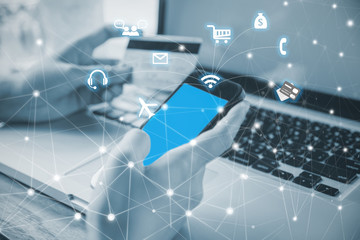 hand touching screen smartphone, technology social media concept.