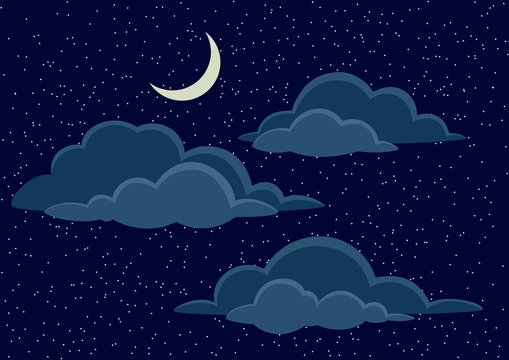 Cloudscape Background, Cumulus Clouds, White Stars and Light Moon on Dark Blue Night Sky. Vector