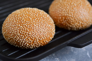 Buns for hamburgers. Food background with space for text. 