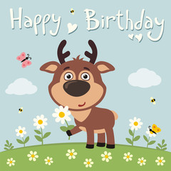 Happy birthday! Cute deer with flower on meadow. Birthday card.