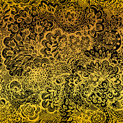 Floral doodle seamless wallpaper pattern. Illustration with paisley ornaments. Textile with hand-drawn flowers. Gold color.