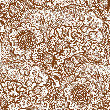 Floral doodle seamless wallpaper pattern. Illustration with paisley ornaments. Textile with hand-drawn flowers.