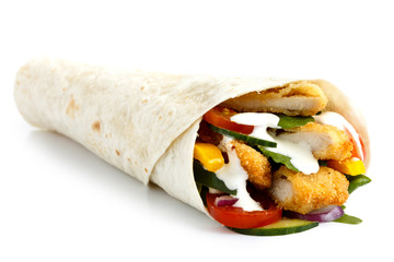 Crumbed fried chicken and salad tortilla wrap with white sauce.