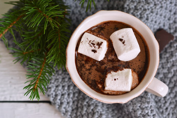 New Year's drink - hot chocolate with marshmallows and spices on a white background.