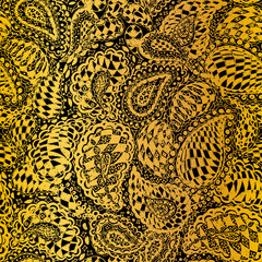 Geometric doodle seamless wallpaper pattern. Illustration with paisley ornaments and chess texture. Textile with hand-drawn checker elements. Gold color.