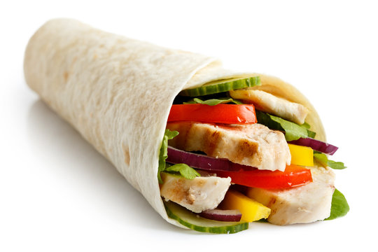 Grilled Chicken And Salad Tortilla Wrap Isolated On White. No Sauce.