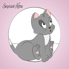 Happy cute surprised kitten. Simple cartoon style.