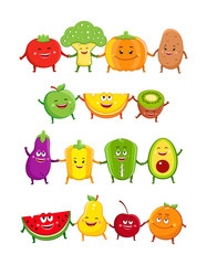 Funny fruits and vegetables characters cartoon illustration