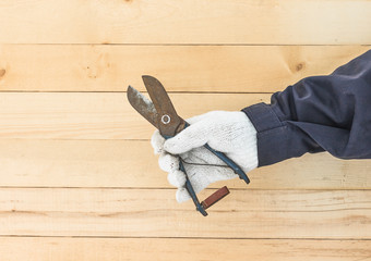 Hand in glove holding plier