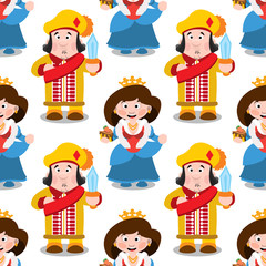 Seamless pattern with cartoon queen and prince.